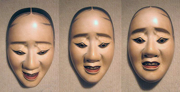 Three pictures of the same nō 'hawk mask'